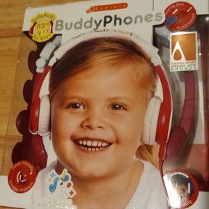 KIDS BUDDY PHONES, SAFE AUDIO HEADPHONES PINK & WHITE with CARRYING CASE